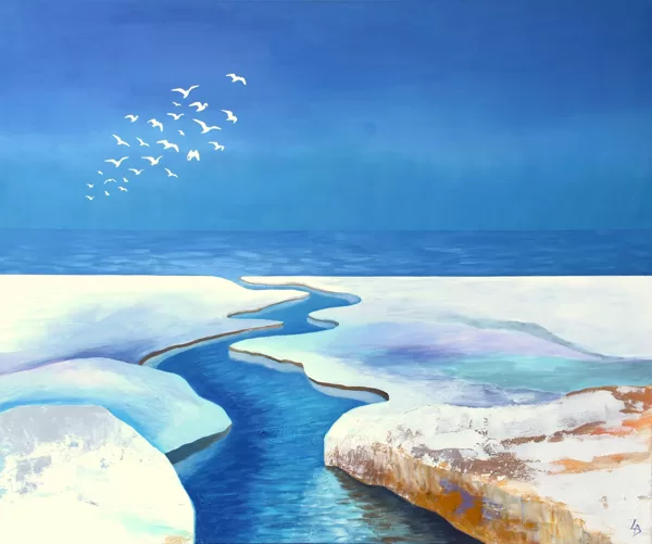 "Zilā izlaušanās"/'Seaward Flow' akrils/audekls (120x100 cm), 2025
