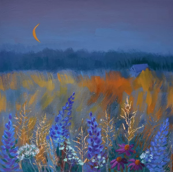 "Pļava mēnesgaismā" akrils/audekls (50x50 cm) 2025- SOLD
